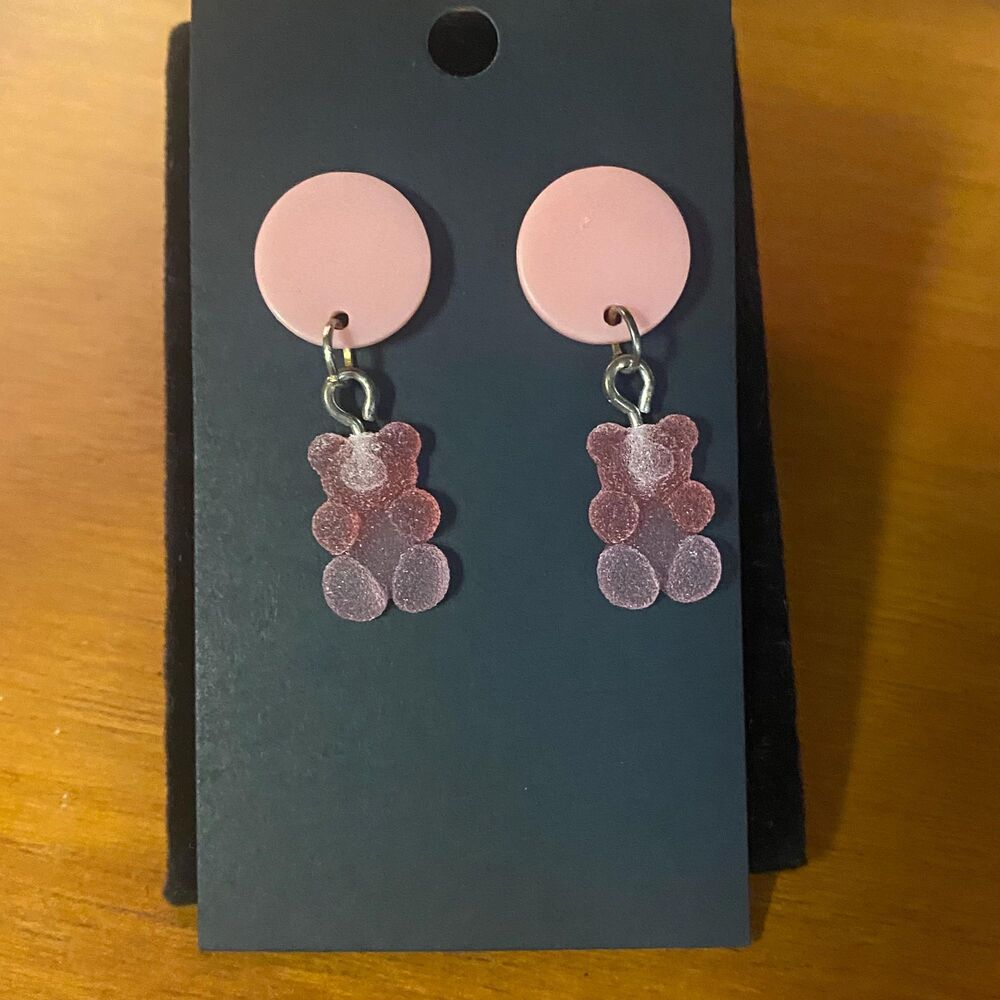 Pink Frosted Gummy Bear Dangling Food Earrings Dangle Pierced OOAK Handmade Upcy